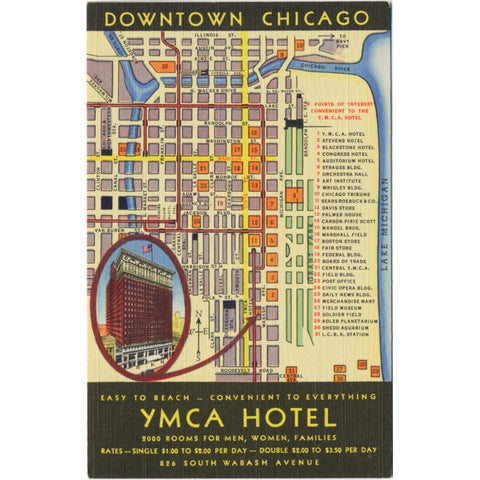 Chicago Illinois YMCA Hotel Downtown Tourist Map Vintage Postcard (unused) - Vintage Postcard Boutique