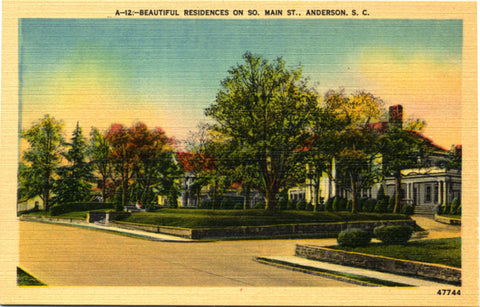 Anderson South Carolina Main Street Residences Vintage Postcard (unused) - Vintage Postcard Boutique