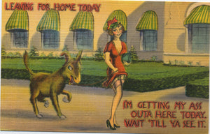 Sexy Lady in Red Dress w/ Donkey Getting Ass Outa Here Comic Postcard unused - Vintage Postcard Boutique
