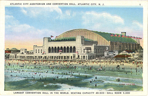 Atlantic City New Jersey Auditorium & Convention Hall on Beach Vintage Postcard 1936