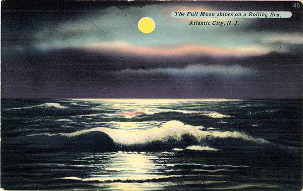 Atlantic City New Jersey Full Moon on Rolling Sea Vintage Postcard (unused)