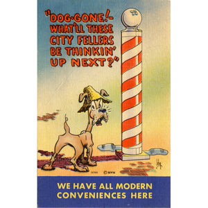 Country Dog and Barber Pole Modern Conveniences Comic Postcard (unused) - Vintage Postcard Boutique