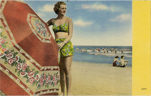 Bathing Beauty by Giant Umbrella on Beach Vintage Postcard (unused) - Vintage Postcard Boutique
