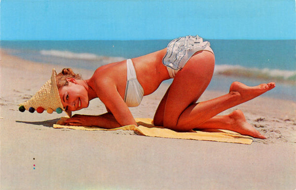 Bathing Beauty in Bikini & Straw Hat on Beach Vintage Postcard (unused) - Vintage Postcard Boutique