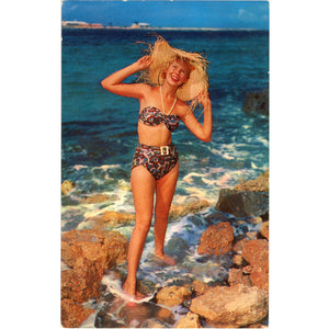 Bathing Beauty Beachcomber in Bikini & Straw Hat at Ocean's Edge Vintage Postcard (unused) - Vintage Postcard Boutique