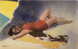 Bathing Beauty Pin-Up Girl Under Beach Umbrella Vintage Postcard (unused) - Vintage Postcard Boutique
