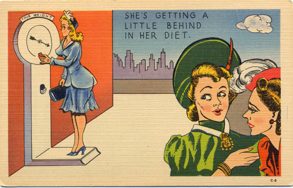 Buxom Lady Little Behind in Diet On the Scale Vintage Postcard - New Year's Resolution (unused) - Vintage Postcard Boutique