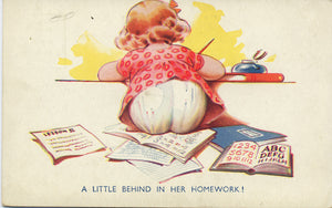 Little Girl 'Behind' in Her Homework Comic Vintage Postcard (unused) - Vintage Postcard Boutique