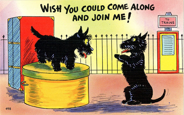 Scottish Terrier Dogs at Train Station Vintage Comic Postcard (unused) - Vintage Postcard Boutique