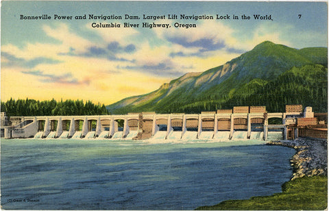 Columbia River Highway Oregon Bonneville Dam Vintage Postcard 1944