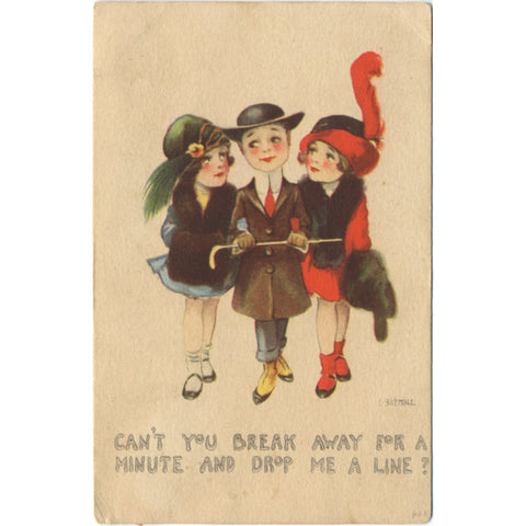 Artist Signed E. B. KEMBLE Vintage Postcard - Two Flapper Girls with Dapper Gent 1914