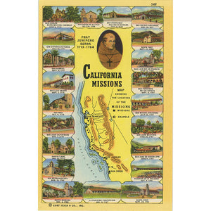 California Franciscan Missions Map Fray Junipero Serra Vintage Postcard (unused) - Vintage Postcard Boutique