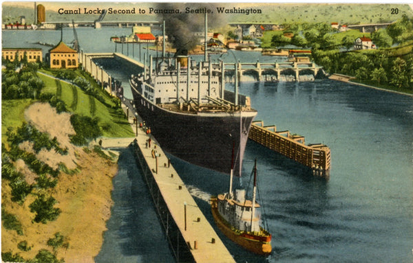 Seattle Washington Canal Locks - Second To Panama Vintage Postcard 1943 - Vintage Postcard Boutique