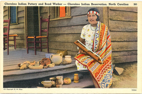Cherokee Indian Pottery & Bead Worker North Carolina Native American Vintage Postcard (unused)