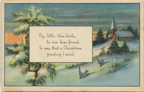 Christmas Bluebirds & Church Greetings Vintage Postcard circa 1910 (unused) - Vintage Postcard Boutique