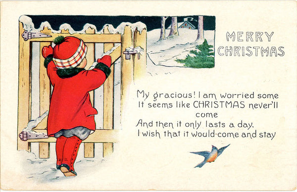 Little Girl at Gate Merry Christmas Embossed Vintage Postcard 1922 - Vintage Postcard Boutique