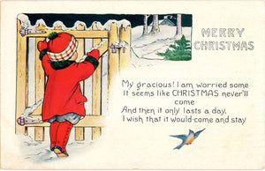 Little Girl at Gate Merry Christmas Embossed Vintage Postcard 1922 - Vintage Postcard Boutique