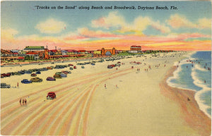 Daytona Beach Florida Tracks on the Sand Beach & Boardwalk Vintage Postcard (unused)