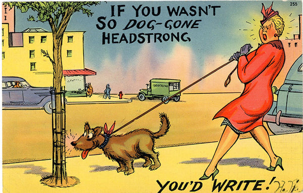 Woman Walking Headstrong Dog Vintage Comic Postcard 1943 - Vintage Postcard Boutique