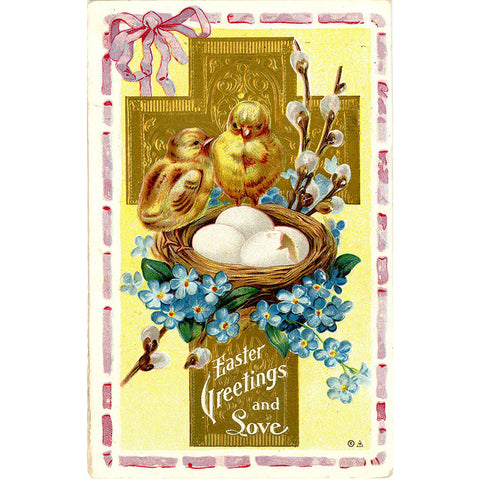 Chicks & Cross Easter Greetings Vintage Postcard Embossed 1911 - Vintage Postcard Boutique