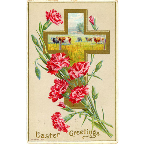 Easter Greetings Carnations Cows in Cross Vintage Postcard Embossed 1911 - Vintage Postcard Boutique