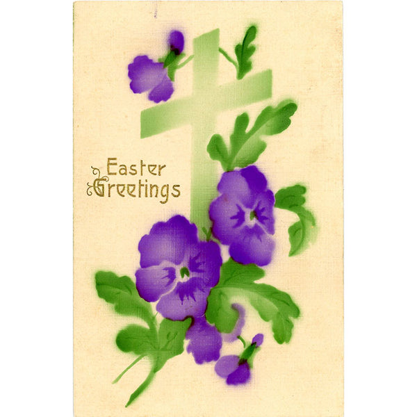 Easter Greetings Purple Pansies Watercolor Vintage Postcard Embossed 1913 - Vintage Postcard Boutique