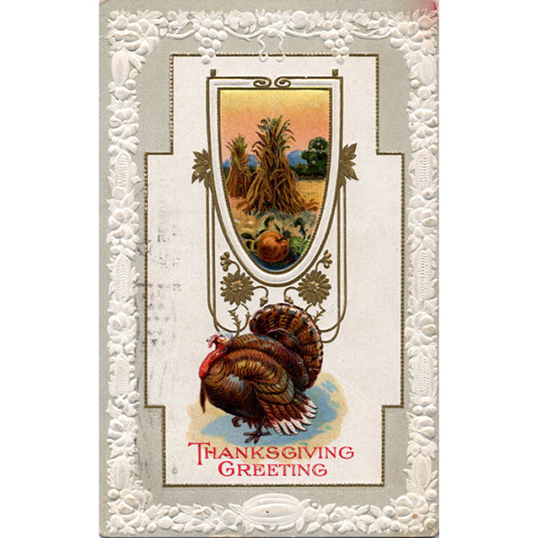Thanksgiving Greeting Turkey Vintage Postcard - J.J. Marks Embossed 1914 - Vintage Postcard Boutique