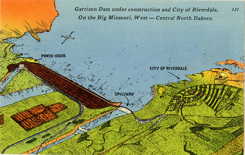 Riverdale North Dakota & Garrison Dam Aerial Vintage Postcard (unused)