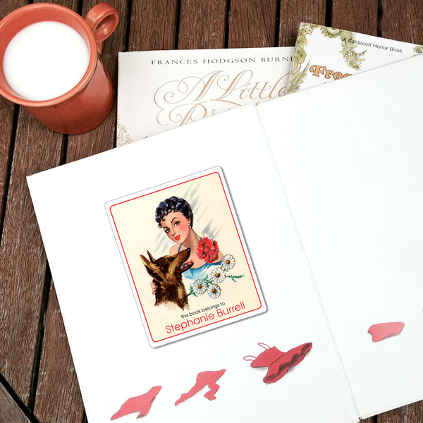 Vintage German Shepherd & Pretty Lady Personalized Bookplates - Ex Libris, Gift Exchange Ideas - Vintage Postcard Boutique