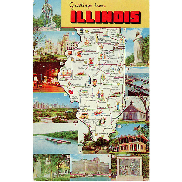 Illinois State Map Multi-View Scenic Vintage Postcard (unused)