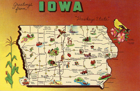 Iowa State Map Hawkeye State Vintage Postcard (unused) - Vintage Postcard Boutique