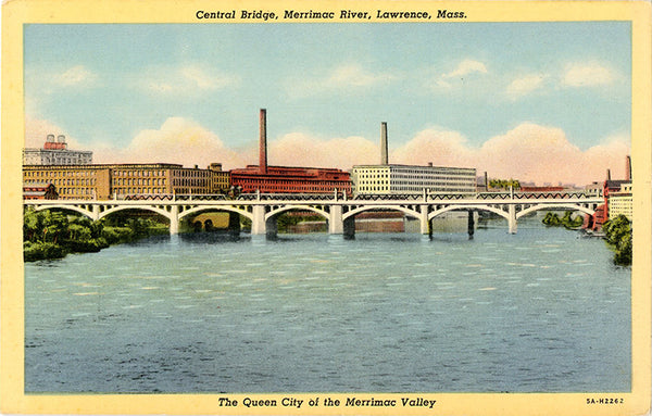 Lawrence Massachusetts Central Bridge Merrimac River Vintage Postcard (unused)