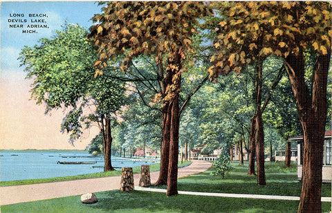 Long Beach & Devils Lake near Adrian Michigan Vintage Postcard 1937