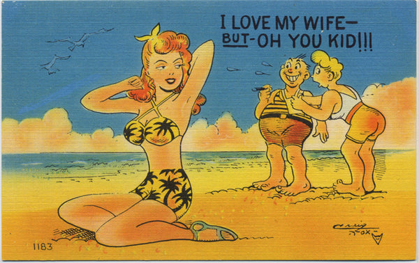 Comic Vintage Postcard - Men Ogling Woman on Bikini on Beach (unused) - Vintage Postcard Boutique