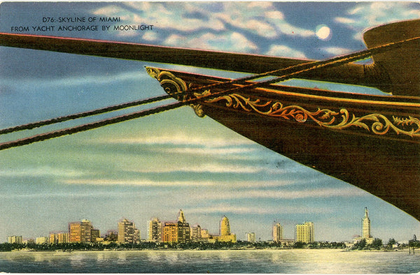 Miami Florida Skyline by Moonlight from Anchored Yacht Vintage Postcard (unused) - Vintage Postcard Boutique