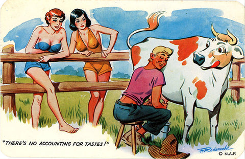 Milking Cow Pinup Comic Vintage Postcard 1956 signed Rodewald - Vintage Postcard Boutique