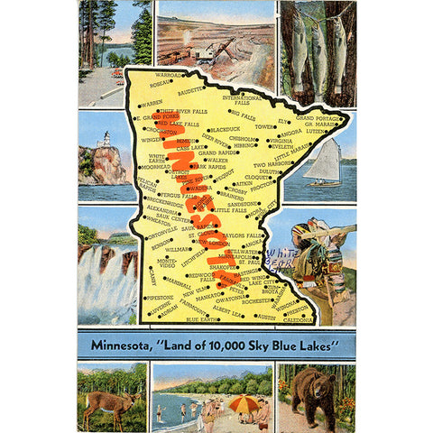 Minnesota State Map Land of 10,000 Sky Blue Lakes Vintage Postcard 1948
