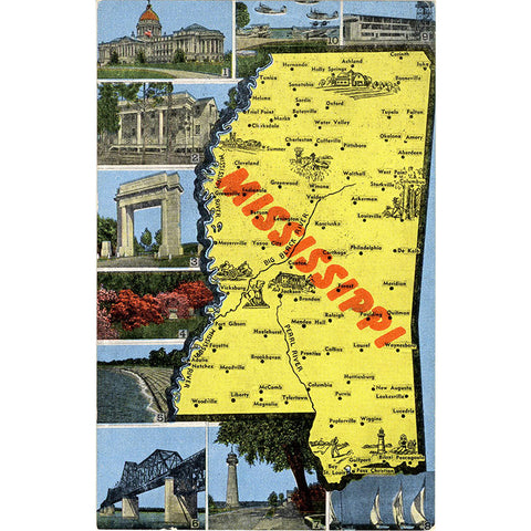 Mississippi State Map Multi-View Scenic Vintage Postcard (unused)