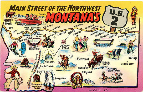 Montana State Map Main Street of Northwest U.S. 2 Vintage Postcard (unused) - Vintage Postcard Boutique
