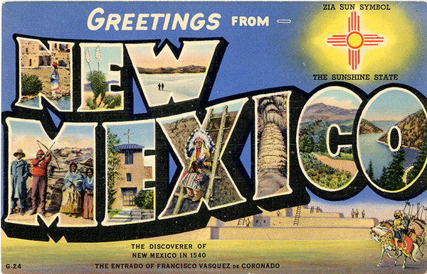New Mexico Zia Sun Large Letter Vintage Greetings Postcard (unused)