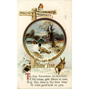 Health Prosperity Happiness Embossed Rabbit & Sheep New Year Vintage Postcard 1910 - Vintage Postcard Boutique