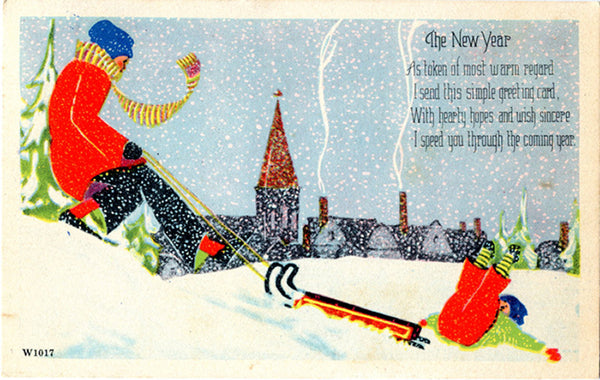 Family Sledding New Year Greetings Vintage Postcard 1947 - Vintage Postcard Boutique