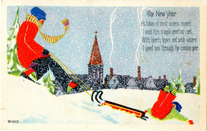 Family Sledding New Year Greetings Vintage Postcard 1947 - Vintage Postcard Boutique