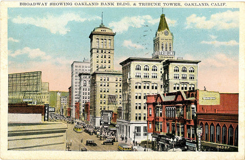Oakland California Broadway Street Scene Tribune Tower & Oakland Bank Vintage Postcard 1945 - Vintage Postcard Boutique