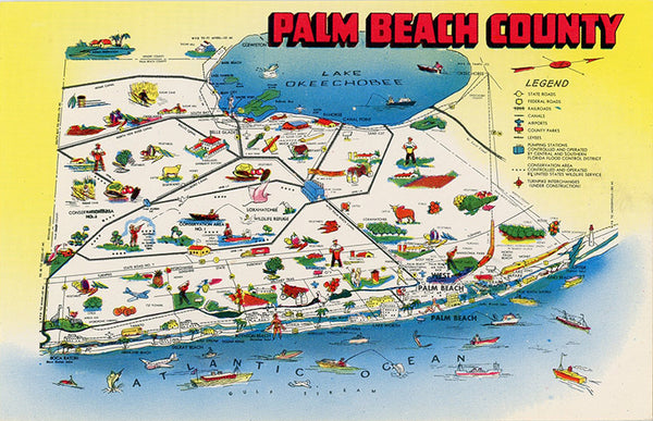 Palm Beach County Florida State Map Sunshine State Vintage Postcard (unused)