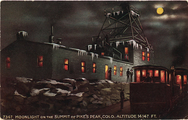 Pikes Peak Summit at Moonlight Rocky Mountains Colorado Springs Vintage Postcard 1912