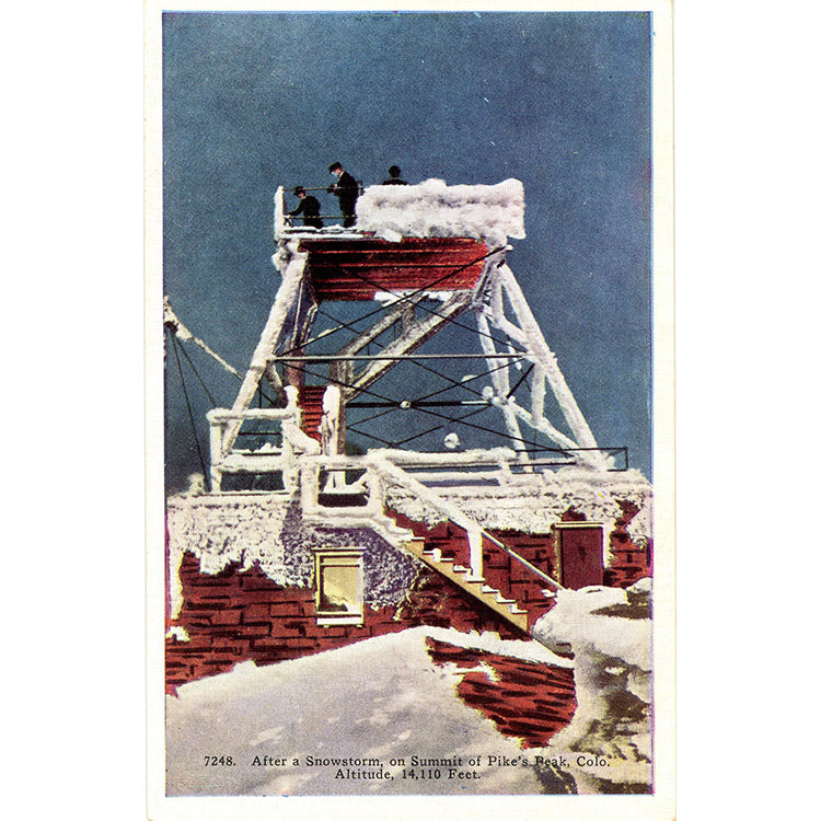 Pikes Peak Rocky Mountains Colorado Snowstorm on Summit Vintage Postcard (unused)