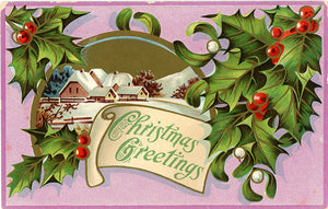 Holly Mistletoe Snow Scene Lavender Embossed Christmas Vintage Postcard circa 1910 - Vintage Postcard Boutique