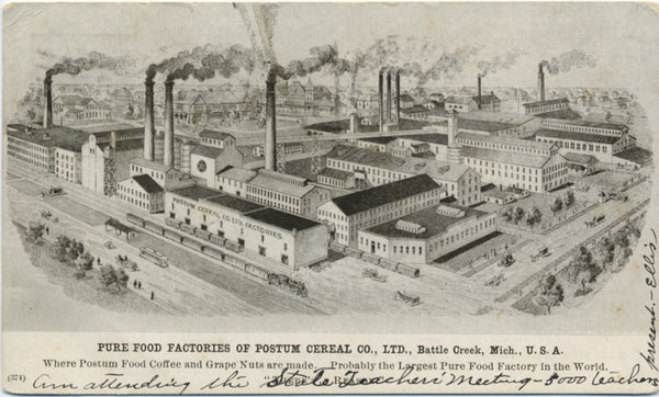 Battle Creek Michigan Pure Food Factories Postum Cereal Vintage Postcard 1906 - Vintage Postcard Boutique