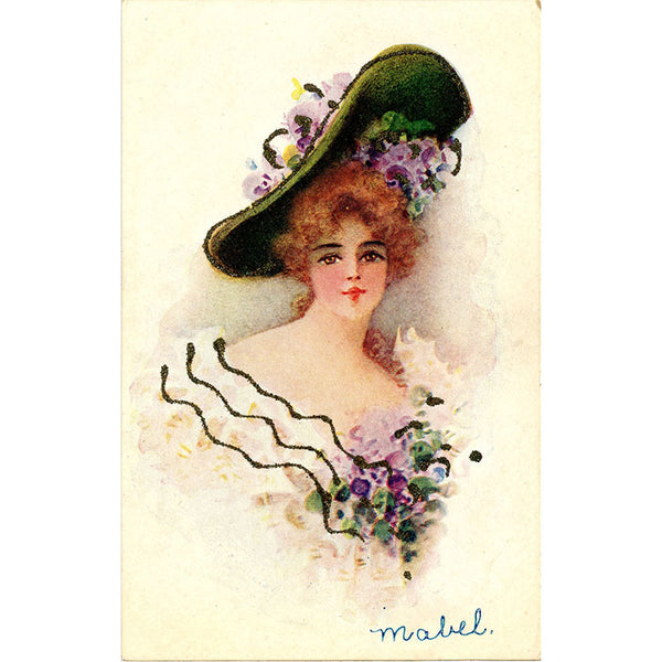 Pretty Lady in Flower Hat Embossed Glitter Vintage Postcard circa 1905 - Vintage Postcard Boutique